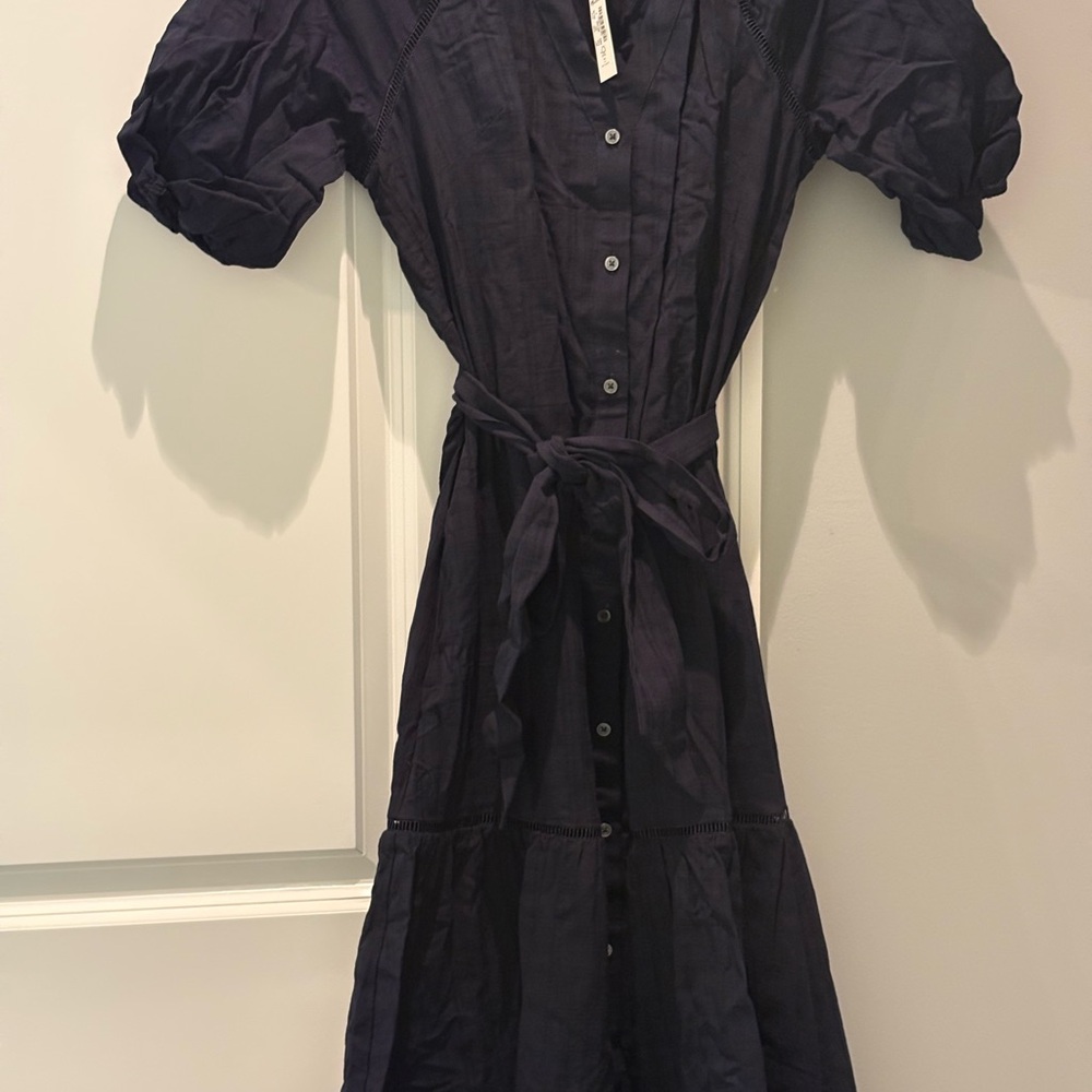 Madewell Navy Tie Waist Tiered Midi Dress